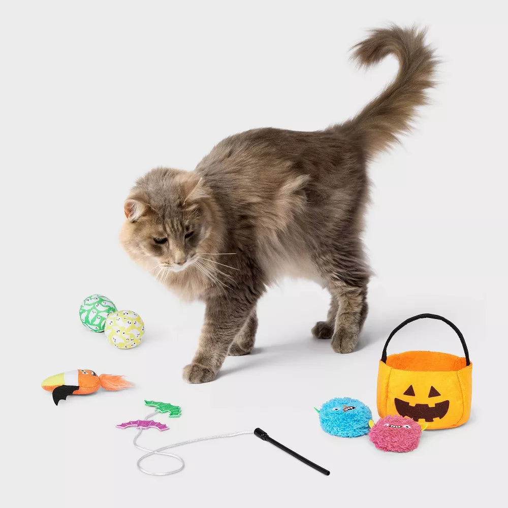 Pumpkin Pail Cat Plush Wand Toy Set With Built-in Catnip
