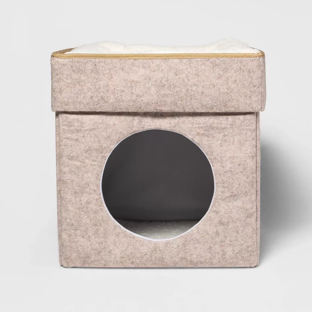 Stackable Felt Covered Cardboard Cat Condo Bed With Washable Top Nap Pad