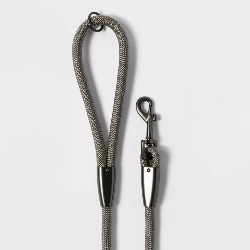 Medium Gray Reflective Nylon Rope Dog Leash With Loop Handle & Clip-In Clasp