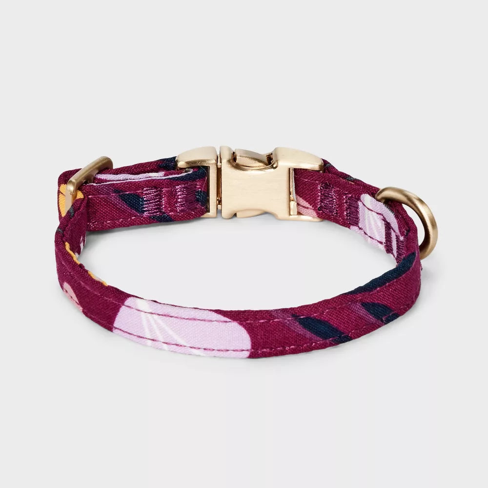 XS Floral Print Polyester Adjustable Dog Collar With Buckle & Metal D-Ring