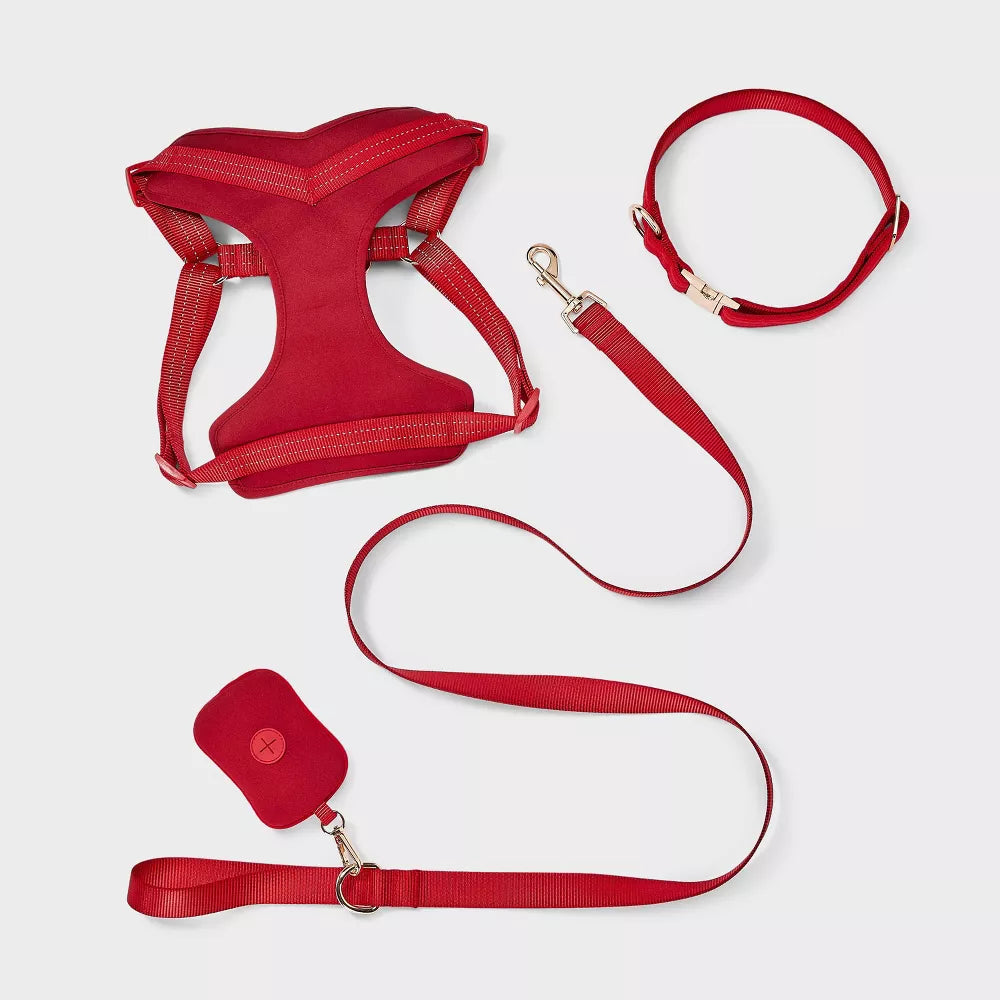 Medium Red 4-in-1 Dog Walking Kit Chest Harness Leash Collar Waste Bag Holder Set