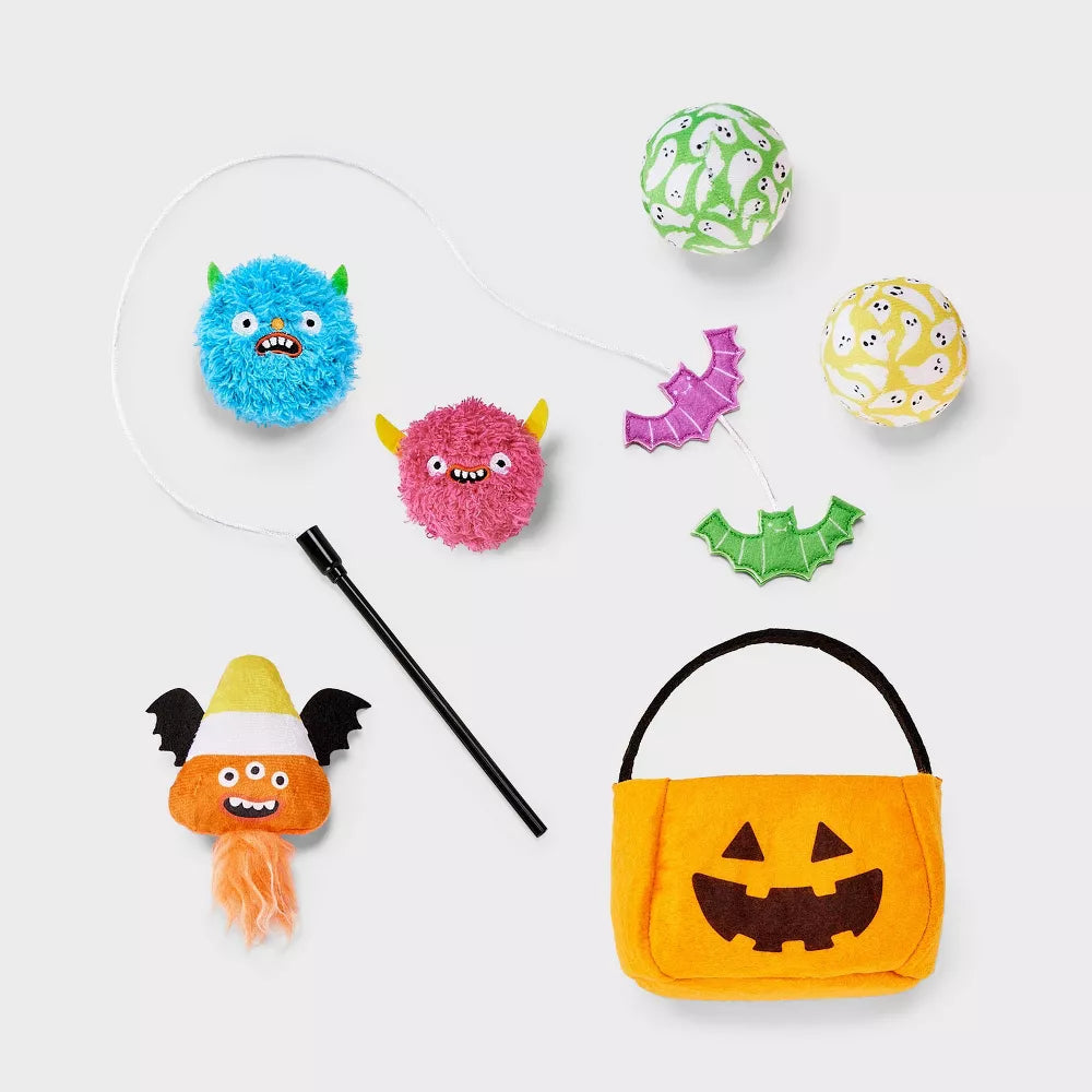 Pumpkin Pail Cat Plush Wand Toy Set With Built-in Catnip