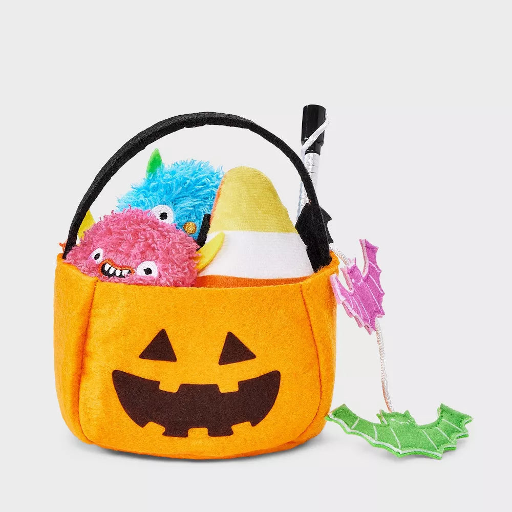 Pumpkin Pail Cat Plush Wand Toy Set With Built-in Catnip