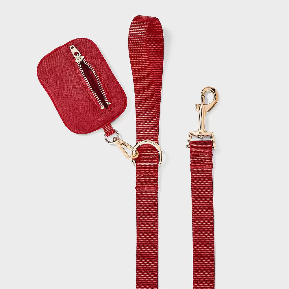 Medium Red 4-in-1 Dog Walking Kit Chest Harness Leash Collar Waste Bag Holder Set