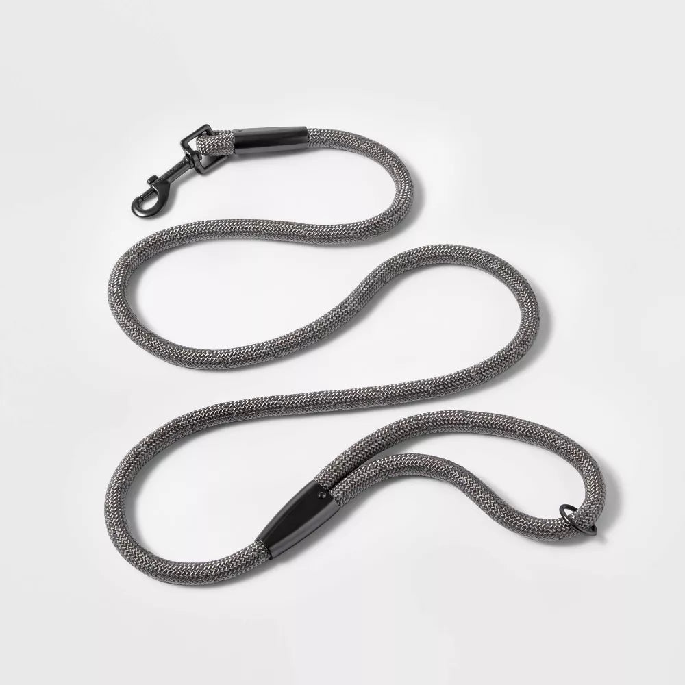 Medium Gray Reflective Nylon Rope Dog Leash With Loop Handle & Clip-In Clasp