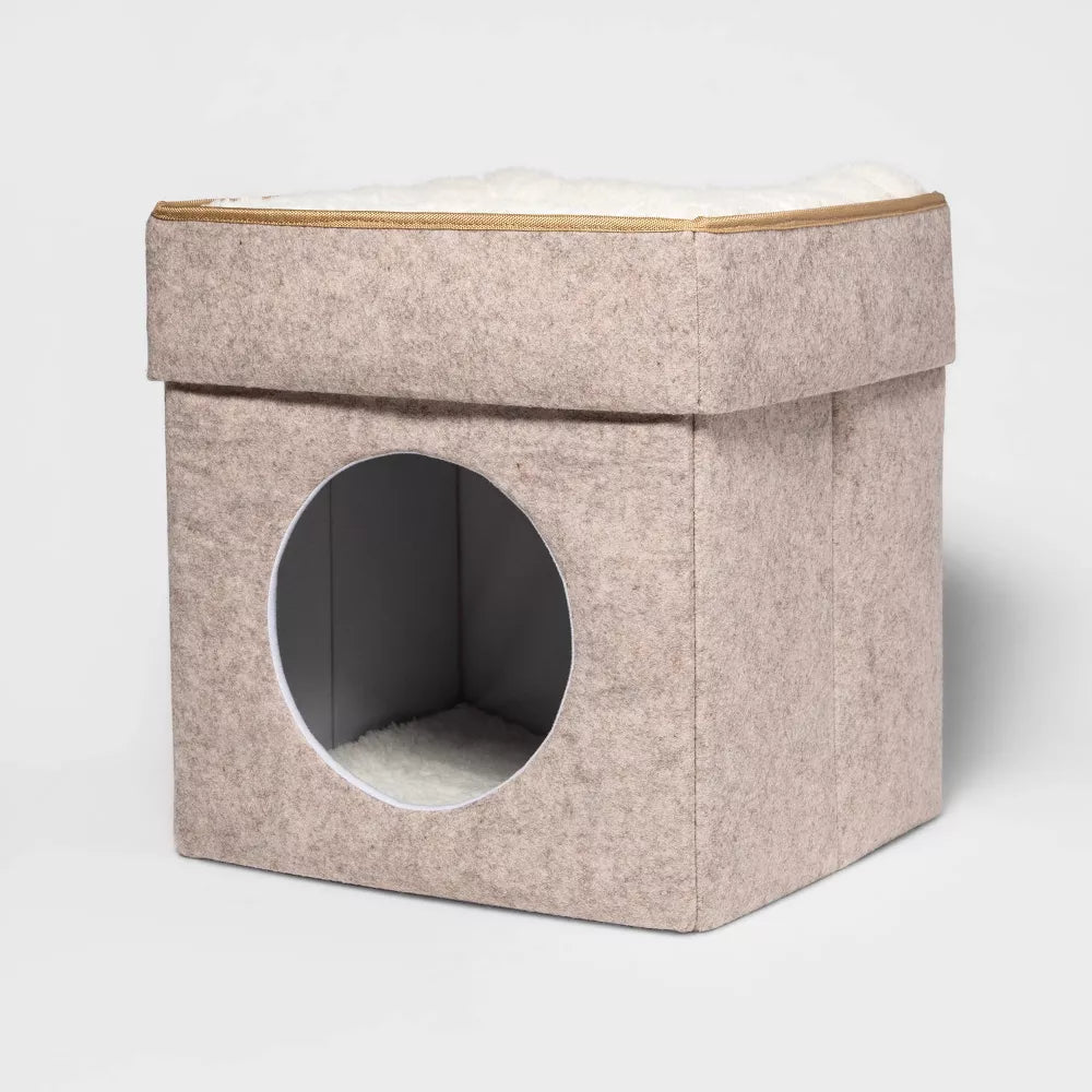 Stackable Felt Covered Cardboard Cat Condo Bed With Washable Top Nap Pad